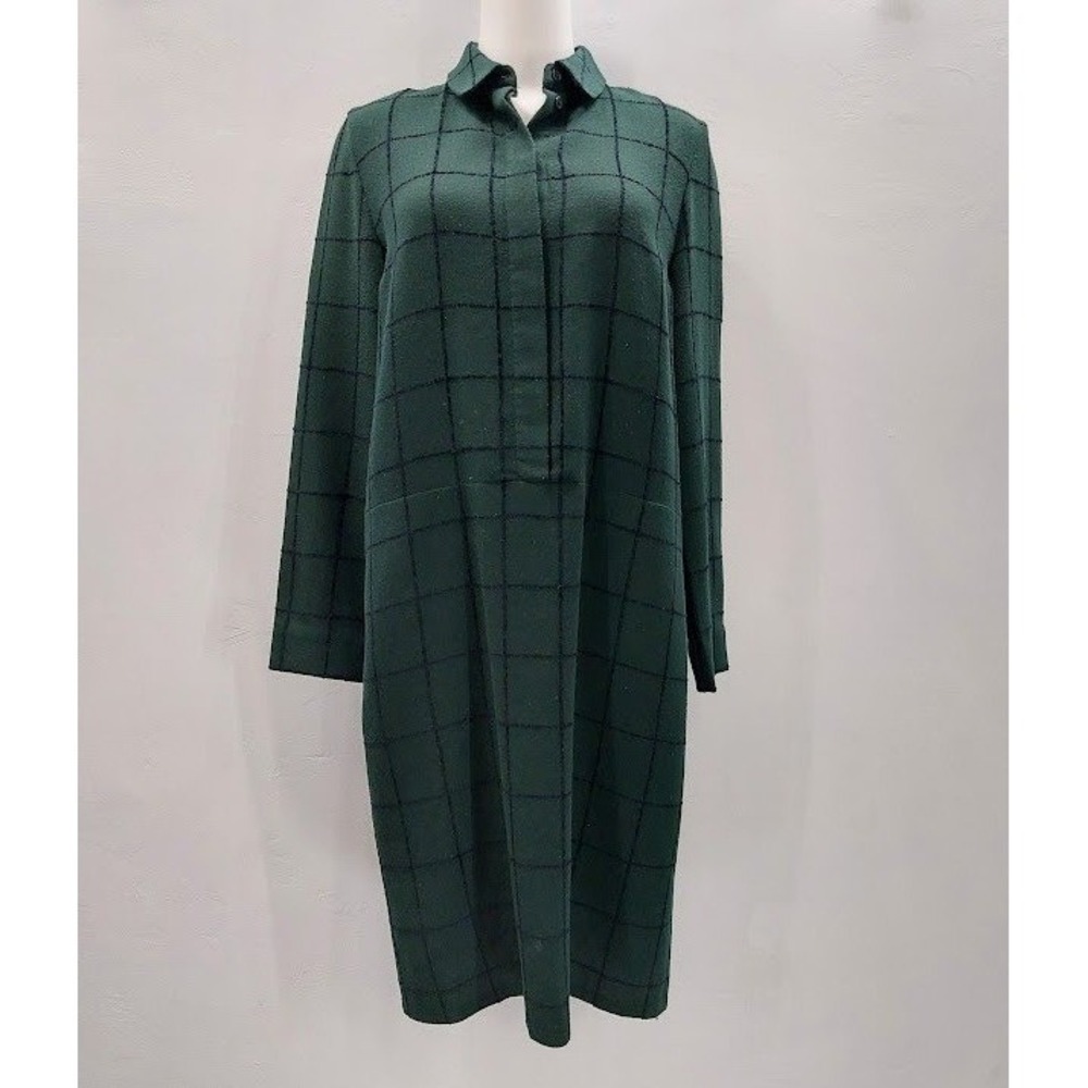 COS Shirt Dress Women's Size 6 Green Grid Windowpane Long Sleeve Minimalist Mod